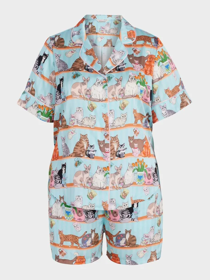 Women PA Plus Karen Mabon Cat Satin Shortie Pj Set Multi Peter Alexander Sets and Onesies