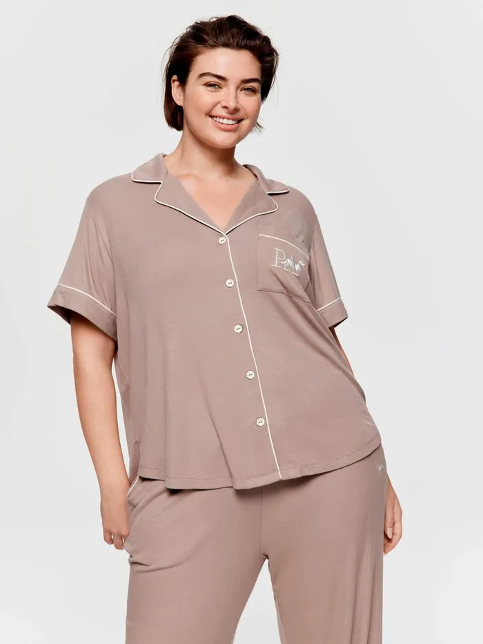 Women PA Plus Stone Bamboo Rib Short Sleeve Shirt Grey Peter Alexander Tops