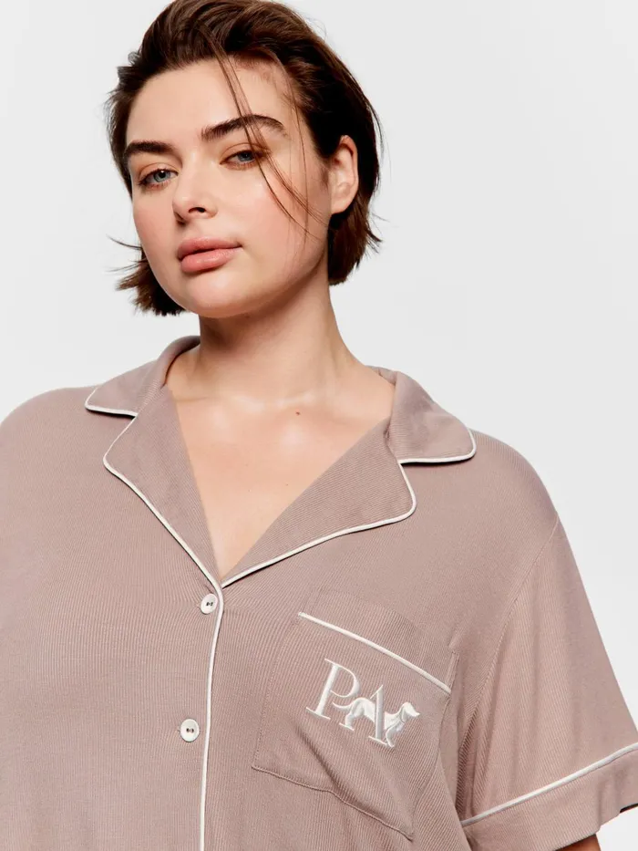 Women PA Plus Stone Bamboo Rib Short Sleeve Shirt Grey Peter Alexander Tops