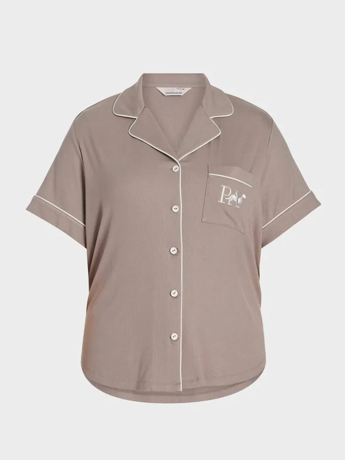 Women PA Plus Stone Bamboo Rib Short Sleeve Shirt Grey Peter Alexander Tops