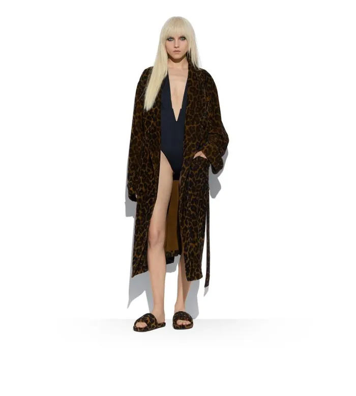 Women Pajamas and Robes Tom Ford Leopard Printed Towelling Cotton Robe Dark Brown