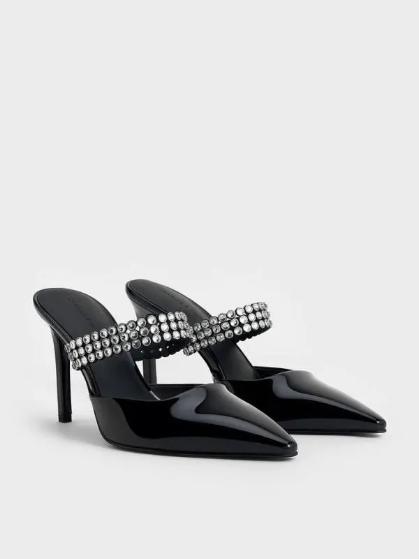 Women Patent CrystalEmbellished Heeled Mules 8211 Black Patent CHARLES and KEITH Heels