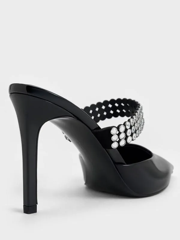 Women Patent CrystalEmbellished Heeled Mules 8211 Black Patent CHARLES and KEITH Heels