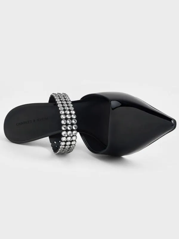 Women Patent CrystalEmbellished Heeled Mules 8211 Black Patent CHARLES and KEITH Heels