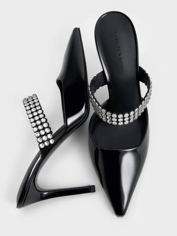 Women Patent CrystalEmbellished Heeled Mules 8211 Black Patent CHARLES and KEITH Heels