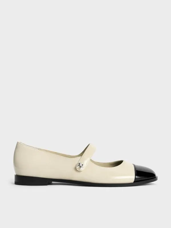 Women Patent PearlEmbellished FlowerBuckle CapToe Mary Janes 8211 Chalk CHARLES and KEITH Ballet Flats