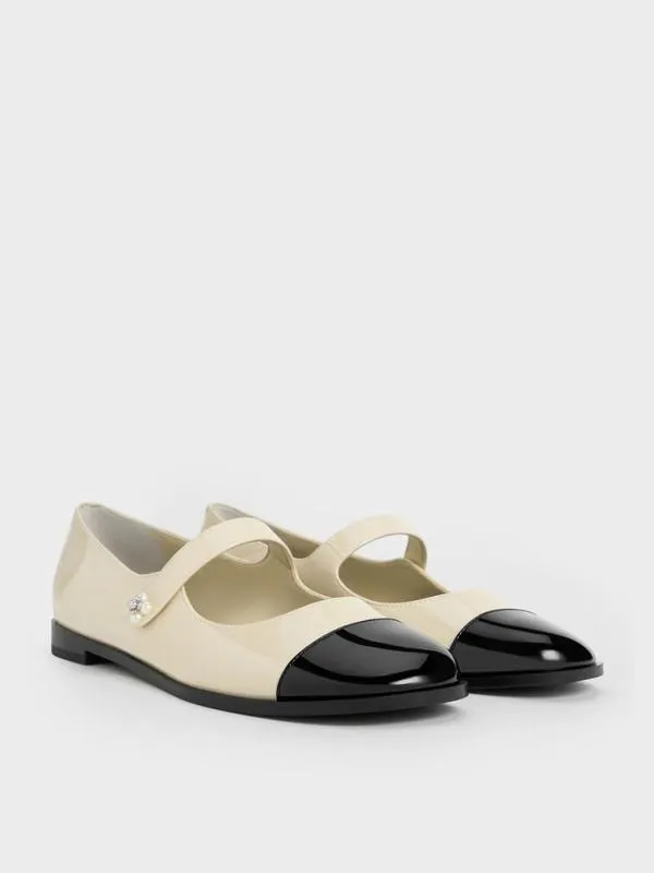 Women Patent PearlEmbellished FlowerBuckle CapToe Mary Janes 8211 Chalk CHARLES and KEITH Ballet Flats