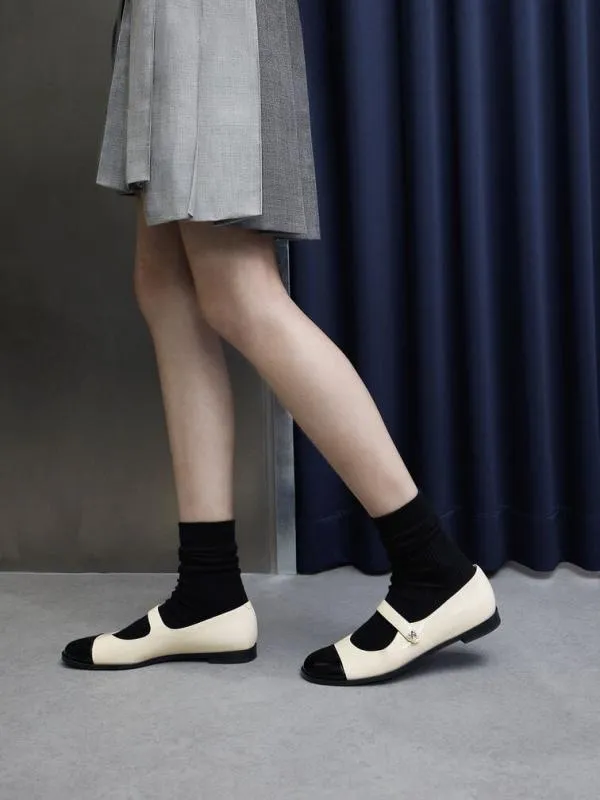 Women Patent PearlEmbellished FlowerBuckle CapToe Mary Janes 8211 Chalk CHARLES and KEITH Ballet Flats