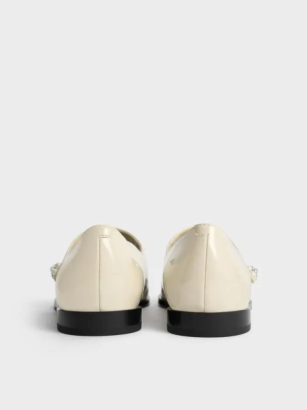 Women Patent PearlEmbellished FlowerBuckle CapToe Mary Janes 8211 Chalk CHARLES and KEITH Ballet Flats