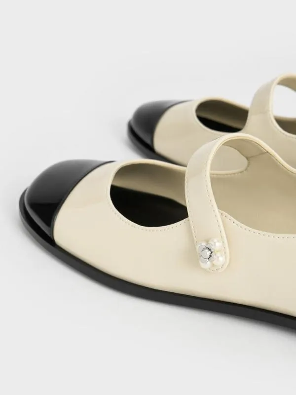 Women Patent PearlEmbellished FlowerBuckle CapToe Mary Janes 8211 Chalk CHARLES and KEITH Ballet Flats