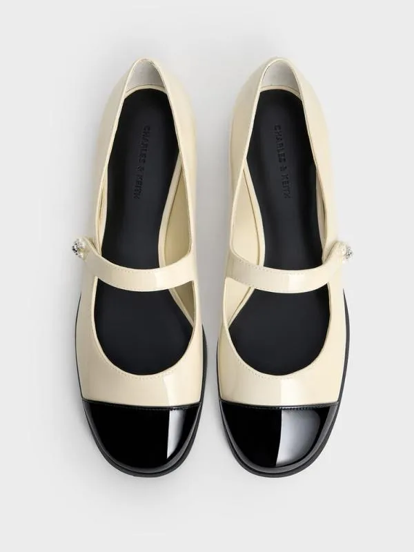 Women Patent PearlEmbellished FlowerBuckle CapToe Mary Janes 8211 Chalk CHARLES and KEITH Ballet Flats