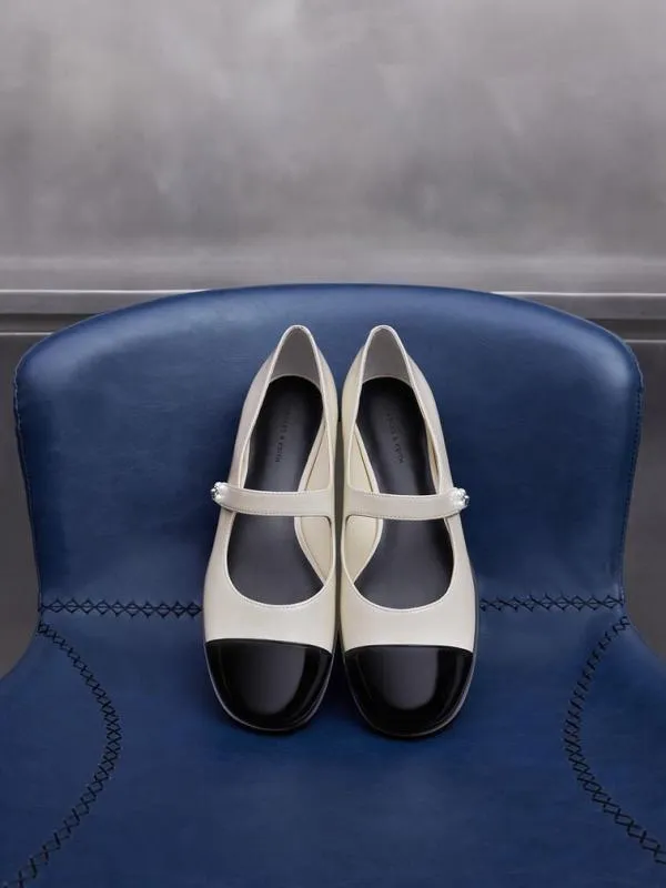 Women Patent PearlEmbellished FlowerBuckle CapToe Mary Janes 8211 Chalk CHARLES and KEITH Ballet Flats