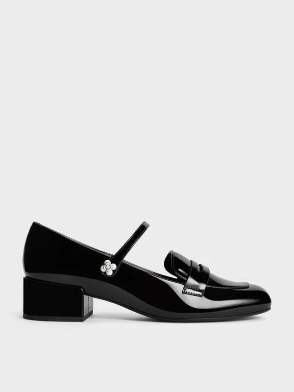 Women Patent PearlEmbellished FlowerBuckle Mary Jane Loafers 8211 Black Patent CHARLES and KEITH Heels Women Patent PearlEmbellished FlowerBuckle Mary Jane Loafers 8211 Black Patent CHARLES and KEITH Heels