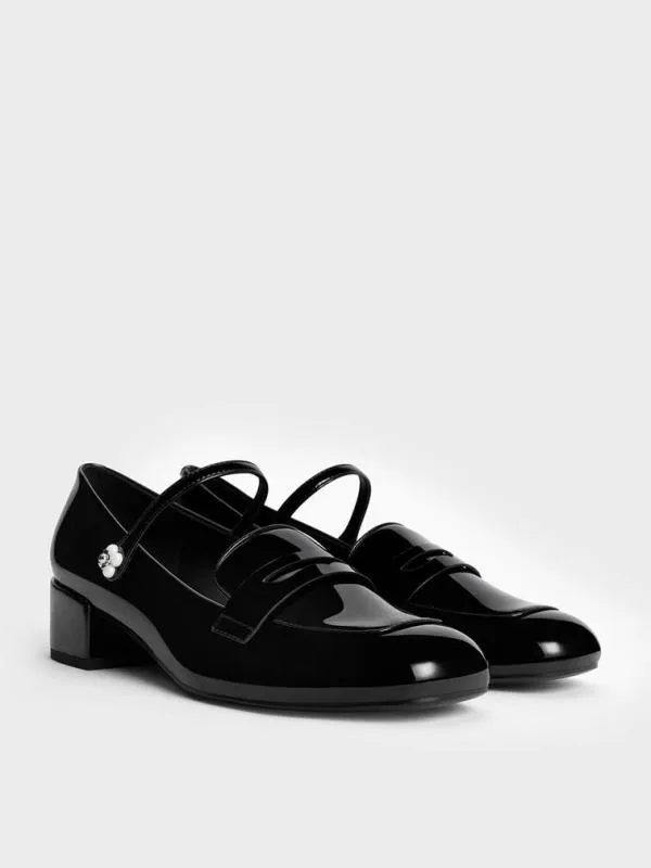 Women Patent PearlEmbellished FlowerBuckle Mary Jane Loafers 8211 Black Patent CHARLES and KEITH Heels