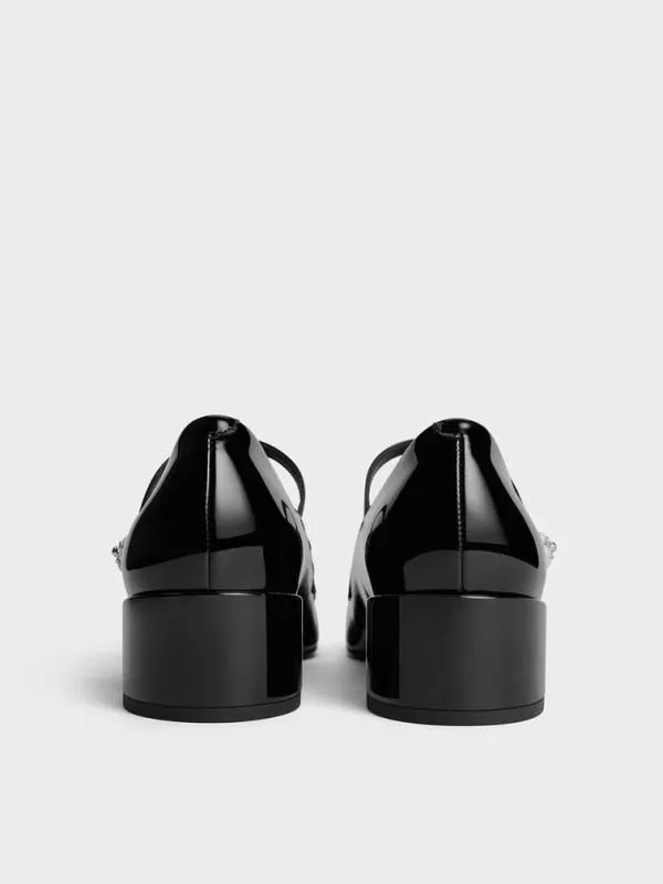 Women Patent PearlEmbellished FlowerBuckle Mary Jane Loafers 8211 Black Patent CHARLES and KEITH Heels