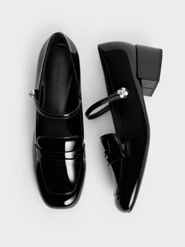 Women Patent PearlEmbellished FlowerBuckle Mary Jane Loafers 8211 Black Patent CHARLES and KEITH Heels