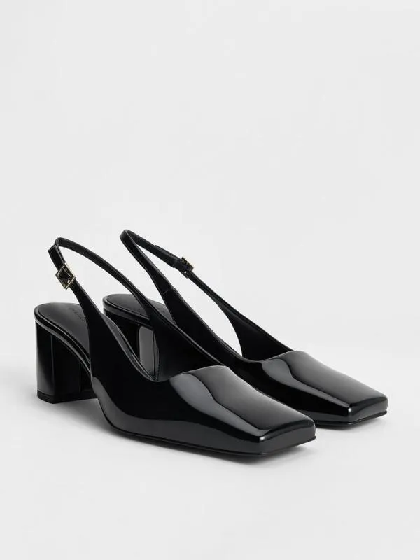Women Patent SquareToe Slingback Pumps 8211 Black Patent CHARLES and KEITH Heels