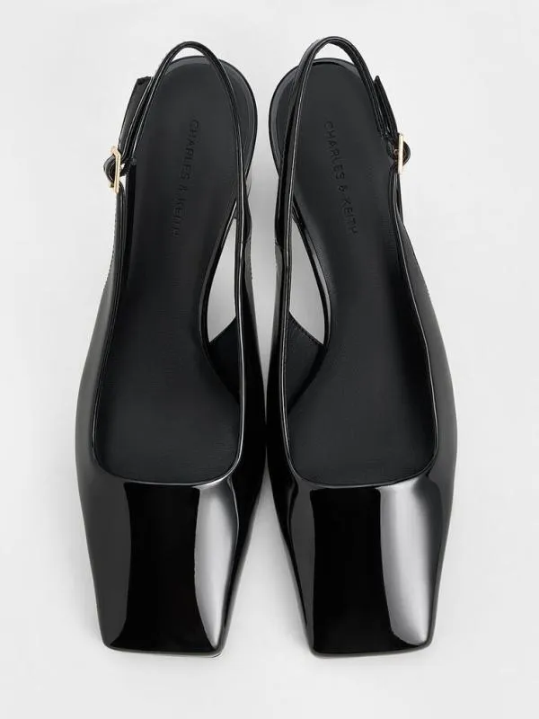 Women Patent SquareToe Slingback Pumps 8211 Black Patent CHARLES and KEITH Heels
