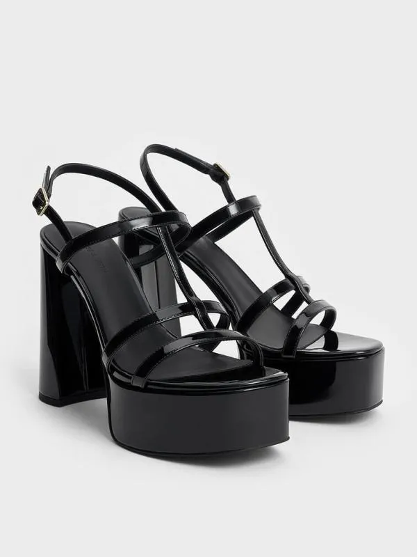 Women Patent TBar Strappy Platform Sandals 8211 Black Patent CHARLES and KEITH Heels