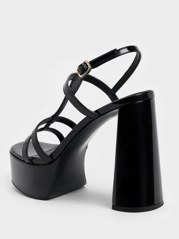 Women Patent TBar Strappy Platform Sandals 8211 Black Patent CHARLES and KEITH Heels