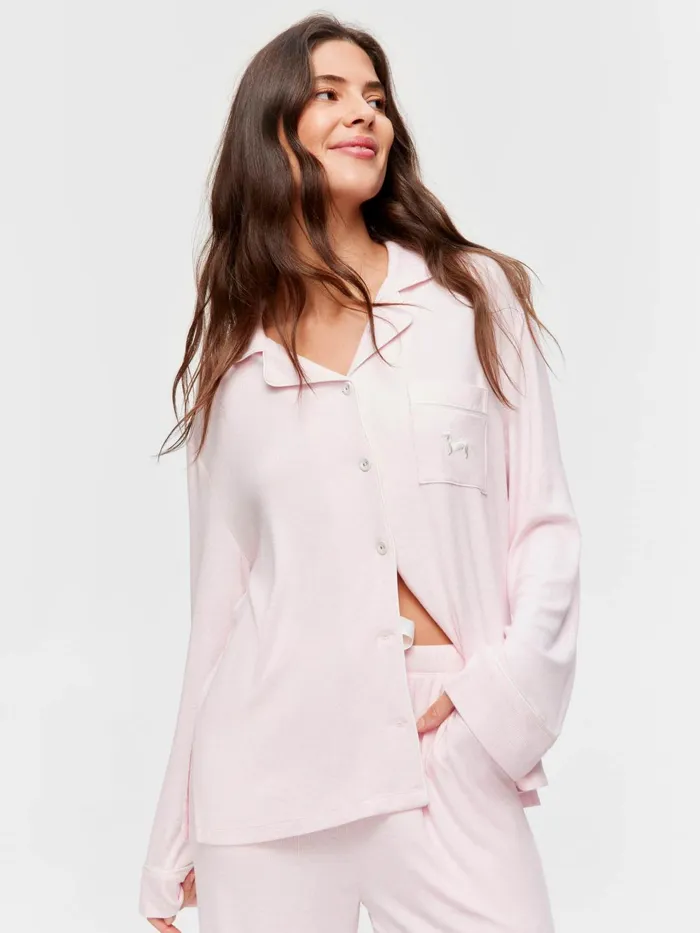 Women Pink Bamboo Rib Long Pj Set Pink Peter Alexander Sets and Onesies