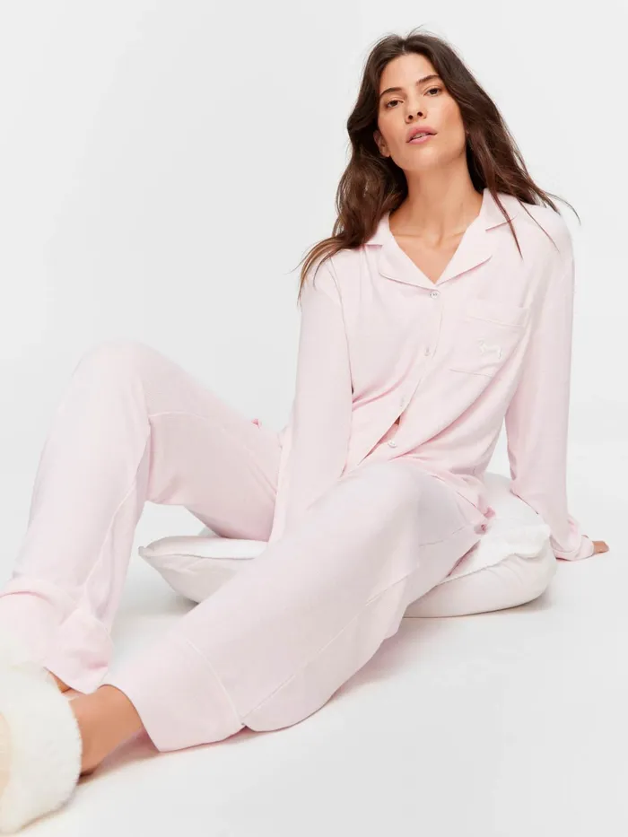Women Pink Bamboo Rib Long Pj Set Pink Peter Alexander Sets and Onesies