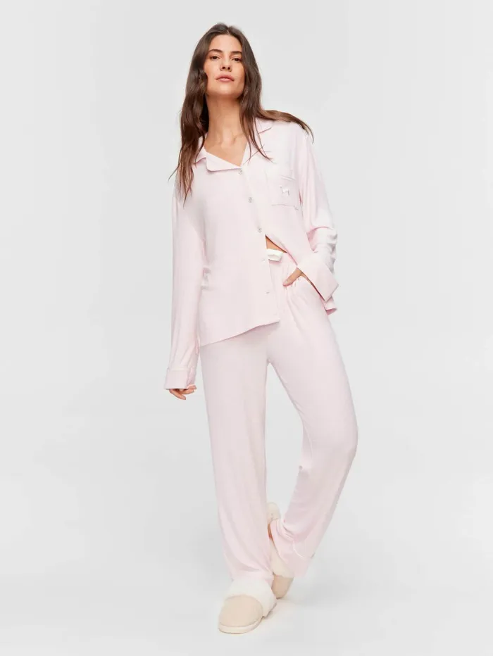 Women Pink Bamboo Rib Long Pj Set Pink Peter Alexander Sets and Onesies