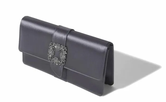 Women Purple Grey Satin Jewel Buckle Clutch Manolo Blahnik Bags