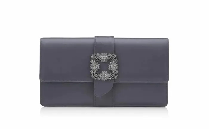 Women Purple Grey Satin Jewel Buckle Clutch Manolo Blahnik Bags