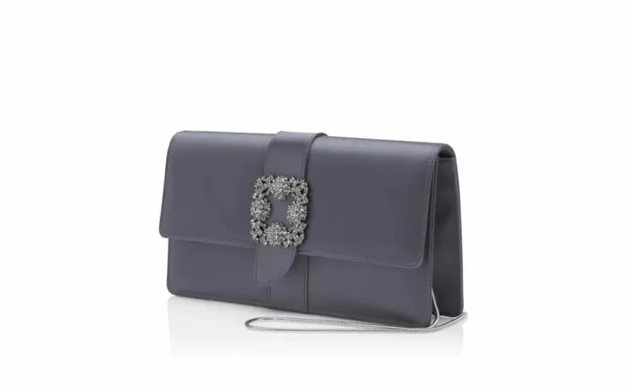 Women Purple Grey Satin Jewel Buckle Clutch Manolo Blahnik Bags