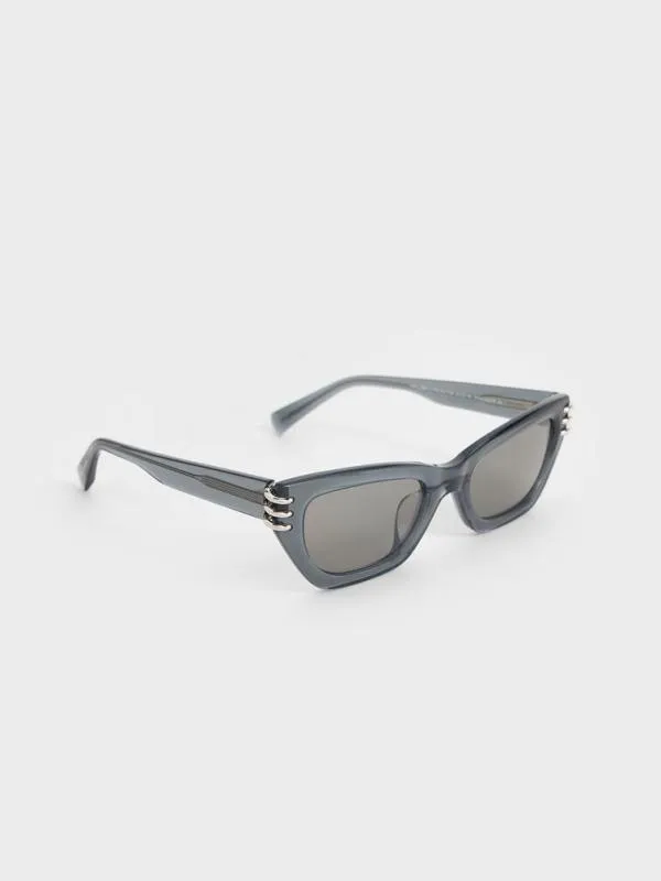 Women Recycled Acetate MetallicAccent Angular CatEye Sunglasses 8211 Navy CHARLES and KEITH Cateye