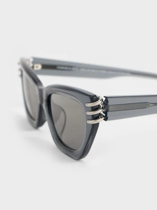 Women Recycled Acetate MetallicAccent Angular CatEye Sunglasses 8211 Navy CHARLES and KEITH Cateye