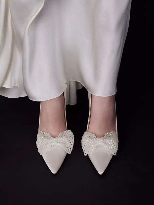 Women Recycled Polyester Beaded Bow Pumps 8211 White CHARLES and KEITH Heels