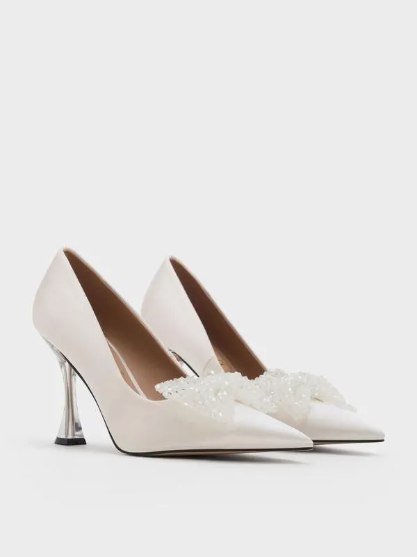 Women Recycled Polyester Beaded Bow Pumps 8211 White CHARLES and KEITH Heels