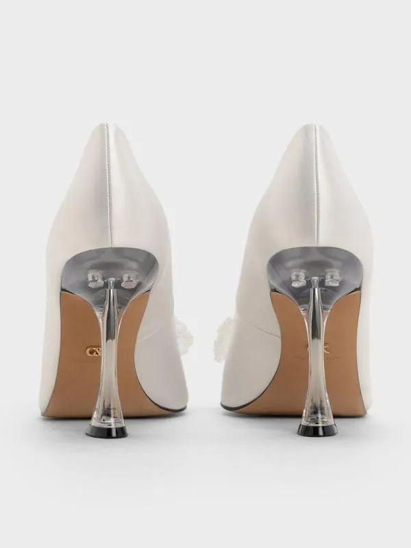 Women Recycled Polyester Beaded Bow Pumps 8211 White CHARLES and KEITH Heels