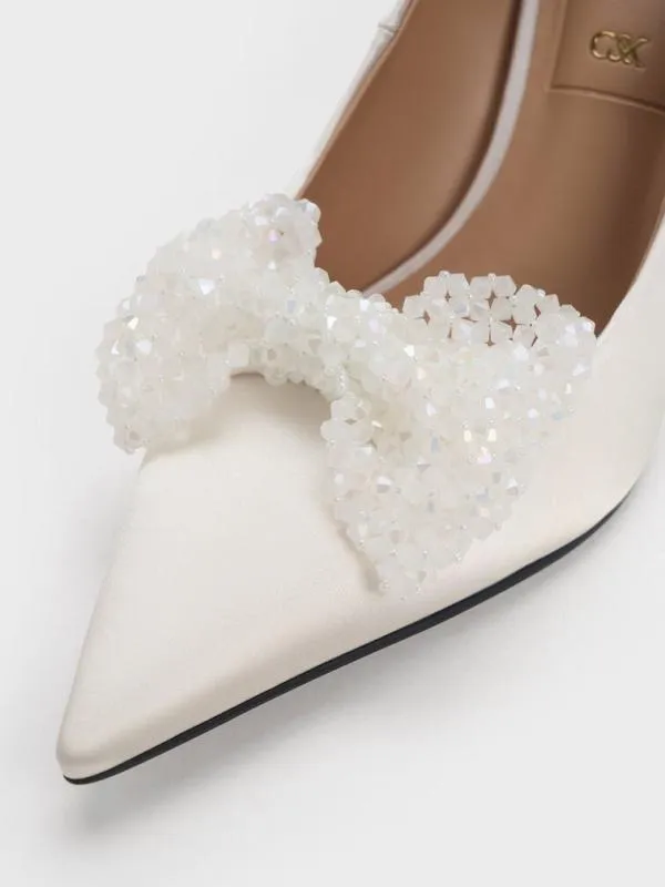Women Recycled Polyester Beaded Bow Pumps 8211 White CHARLES and KEITH Heels