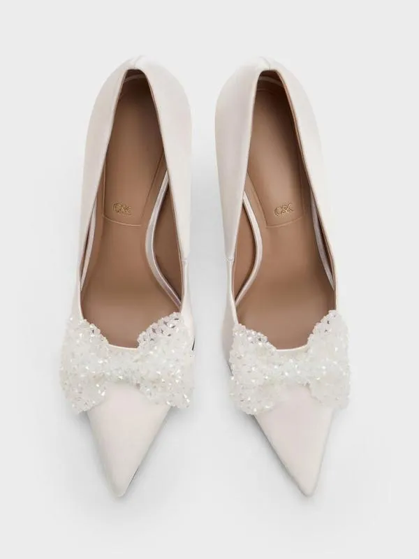 Women Recycled Polyester Beaded Bow Pumps 8211 White CHARLES and KEITH Heels