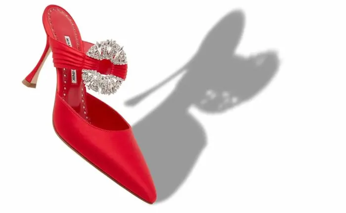 Women Red Satin Embellished Buckle Mules Manolo Blahnik Mules