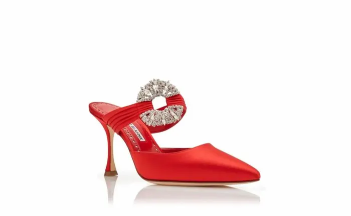 Women Red Satin Embellished Buckle Mules Manolo Blahnik Mules