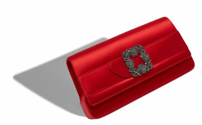 Women Red Satin Jewel Buckle Clutch Manolo Blahnik Gifts For Her
