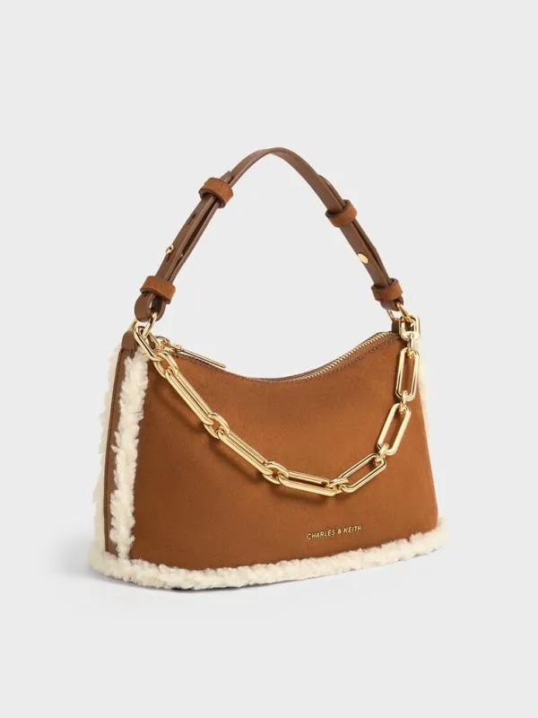 Women Robyn Faux Suede FurTrim Elongated ChainHandle Bag 8211 Brown CHARLES and KEITH Crossbody Bags