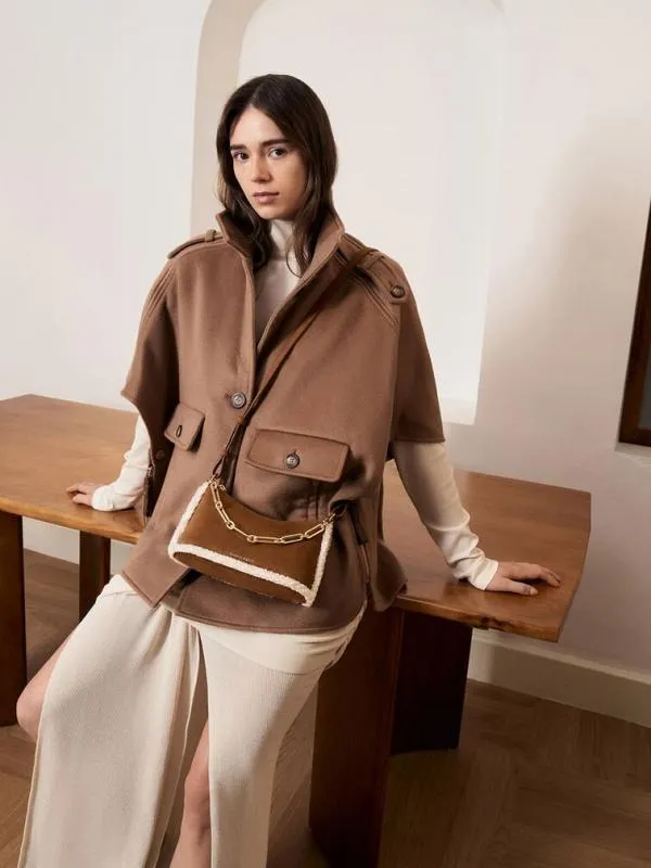Women Robyn Faux Suede FurTrim Elongated ChainHandle Bag 8211 Brown CHARLES and KEITH Crossbody Bags
