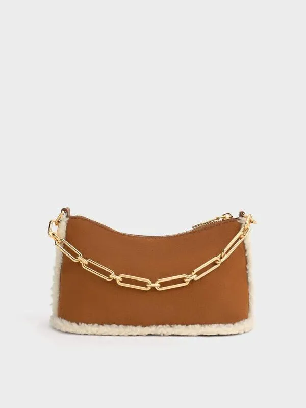 Women Robyn Faux Suede FurTrim Elongated ChainHandle Bag 8211 Brown CHARLES and KEITH Crossbody Bags