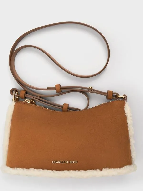 Women Robyn Faux Suede FurTrim Elongated ChainHandle Bag 8211 Brown CHARLES and KEITH Crossbody Bags