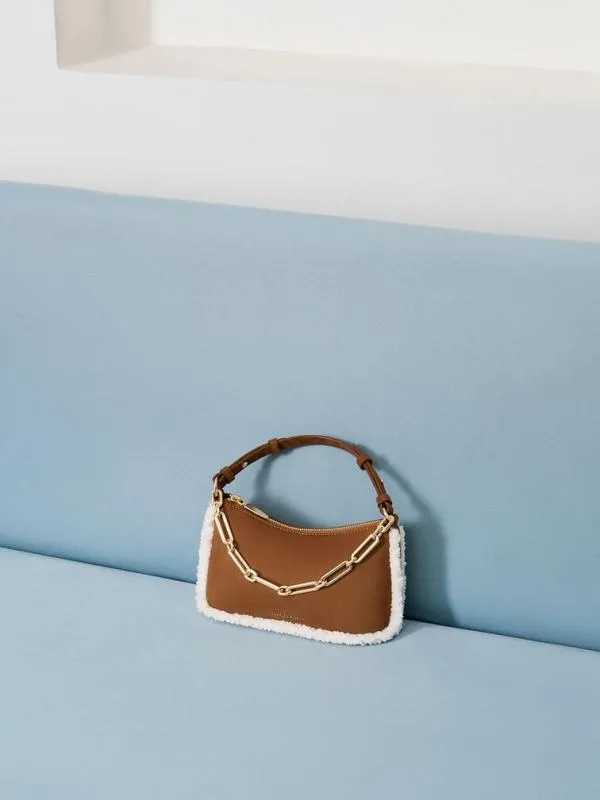 Women Robyn Faux Suede FurTrim Elongated ChainHandle Bag 8211 Brown CHARLES and KEITH Crossbody Bags