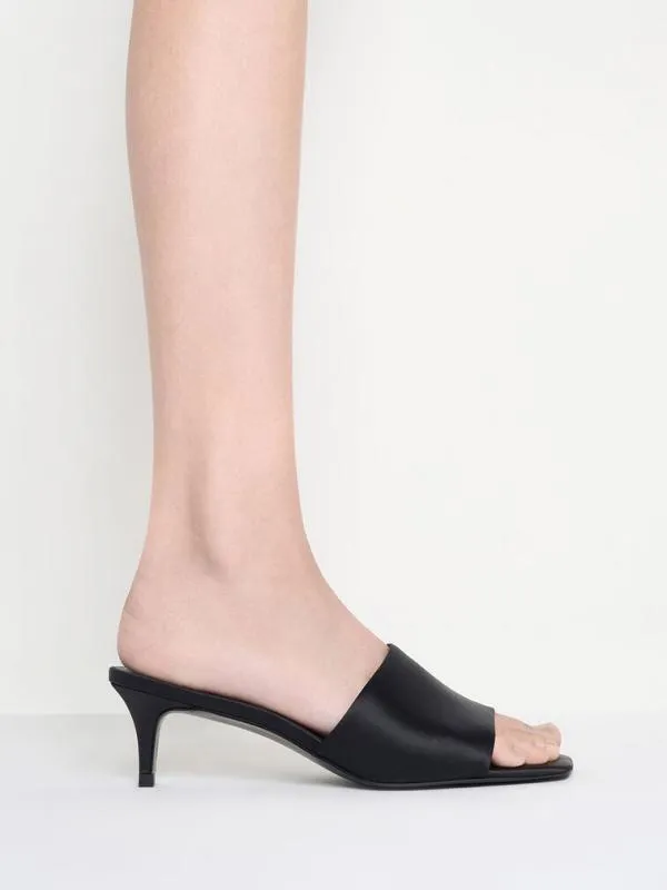 Women Satin SquareToe KittenHeel Mules 8211 Black Textured CHARLES and KEITH Heels
