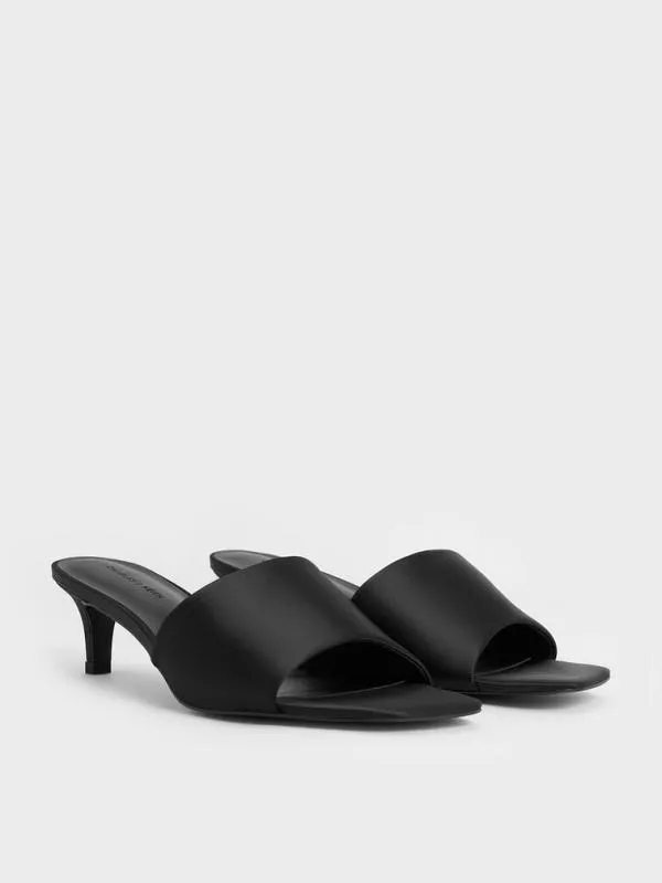 Women Satin SquareToe KittenHeel Mules 8211 Black Textured CHARLES and KEITH Heels