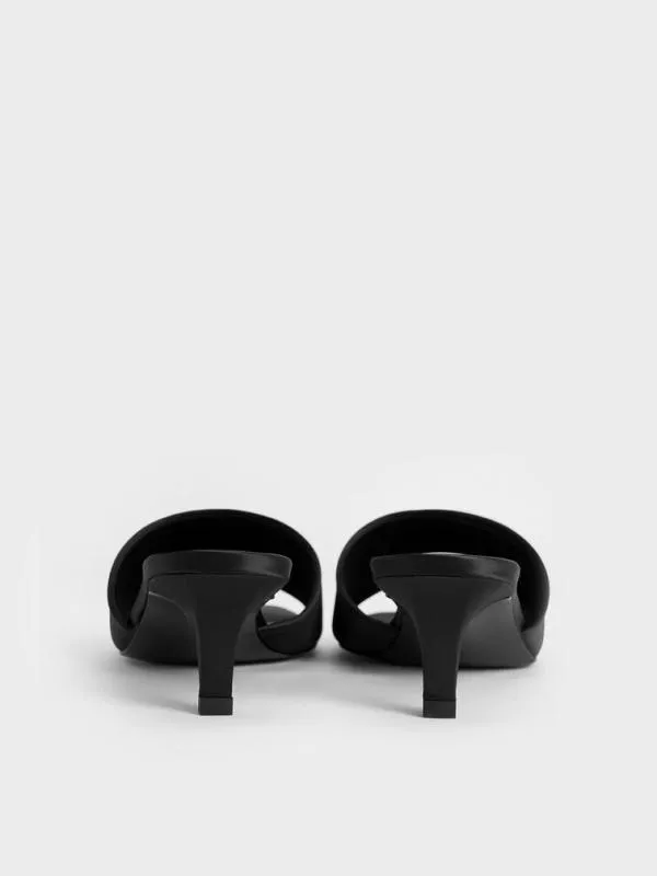 Women Satin SquareToe KittenHeel Mules 8211 Black Textured CHARLES and KEITH Heels