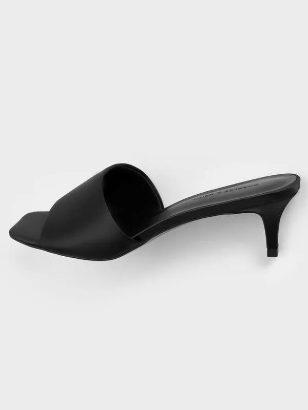 Women Satin SquareToe KittenHeel Mules 8211 Black Textured CHARLES and KEITH Heels