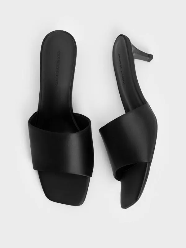 Women Satin SquareToe KittenHeel Mules 8211 Black Textured CHARLES and KEITH Heels